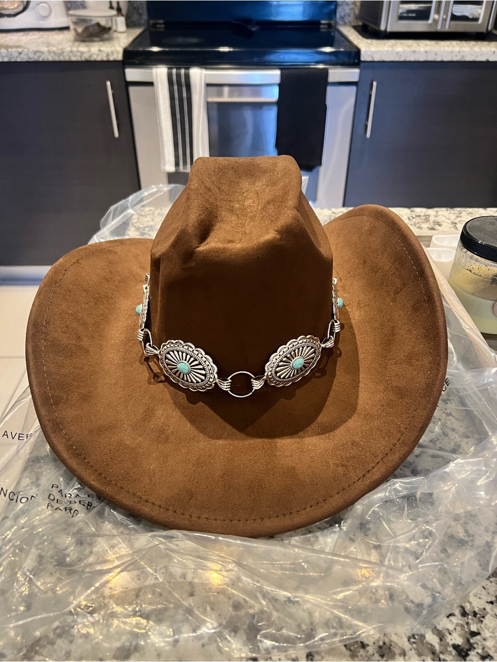 Fashion Nova Brown Suede Western Hat with Silver-Turquoise Concho Band